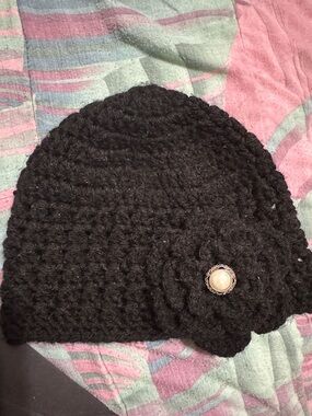Black Crochet Beanie with Flower Accent